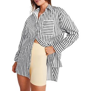 ZAFUL Women's Striped Button Down Shirts Long Sleeve Stylish V Neck Blouses Tops with Pockets