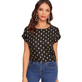 Milumia Women's Elegant Polka Dots Print Short Cap Sleeve Blouse Round Neck Tee Top