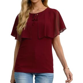 QIXING Womens 2023 Summer Cape Chiffon Flowy Shirt Casual Loose Round Neck Double Layer Elegant Blouses