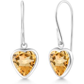 Gem Stone King 925 Sterling Silver Yellow Citrine French Wire Dangle Hook Earrings For Women (1.30 Cttw, Gemstone November Birthstone, Heart Shape 6MM)