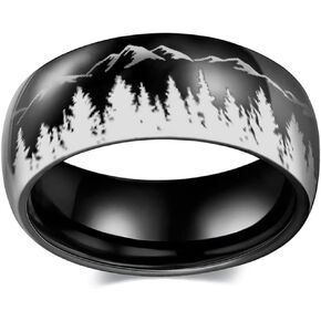 XAHH 8mm Stainless Steel Men's Ring with Mountain Peak Forest Outdoor Landscape Design Anniversary Promise Wedding Band Size 5-13