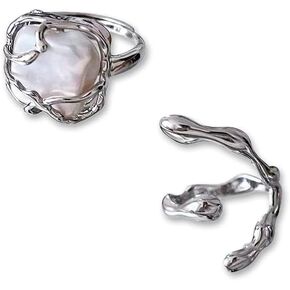 XACH1995 Fashion 925 Sterling Silver Plated Cute Matching Rings Set Adjustable Irregular Geometric Simulated Pearls 2 pcs Per Set