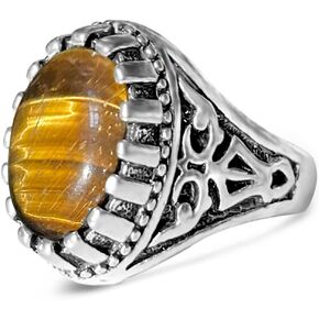 Genuine Yellow Tiger Eye Stone Ring for Men Women,Retro Vintage Quartz Crystal Gemstone Turkish Ring Jewelry Gift for Her Him