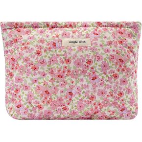 uekeboag Quilted Floral Cotton Makeup Pouch,Coquette Quilted Cosmetic Bag for Women and Girls, Aesthetic Organizer Bag, Flower Cute Travel Toiletry Bags(01Pink Little Flower)