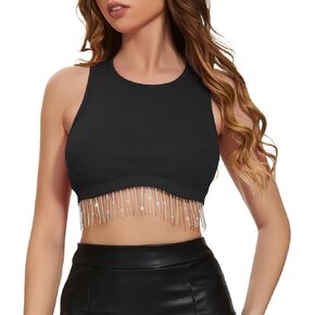 Womens Rhinestone Sleeveless Fringe Top Nashville Sparkly Tops Glitter Y2K Crop Tank Ribbed Tank Tops for Women