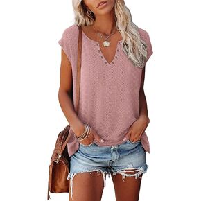 XIEERDUO Womens Summer Tops Cap Sleeves Eyelet Fabric Tshirts V Neck Tank Tops Loose Fit