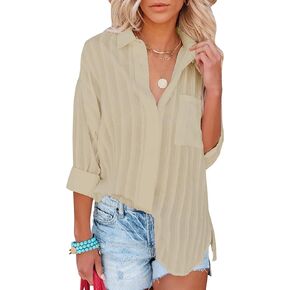 YKR Women Button Down Shirt Oversized Long Sleeve Blouse Button Up Boyfriend Shirt with Pocket