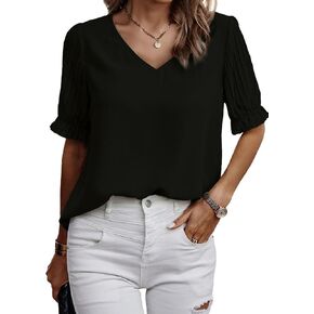 SHEWIN Women's Casual V Neck Solid Basic Pleated Short Sleeve Loose Fit Chiffon Blouses Tops Tshirts in Kuwait
