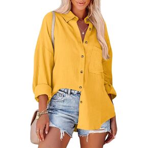 Sucolan Womens Cotton Button Down Shirt Casual Long Sleeve Loose Fit Collared Work Blouse Tops with Pocket in Kuwait