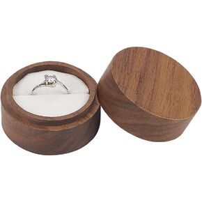 FINGERINSPIRE Round Walnut Wooden Ring Box 4.9x3.6cm Solid Wood Jewelry Ring Box Single Ring Storage Box with White Velvet Inside 1 Slot Ring Gift Box for Proposal Engagement Wedding Valentine's Day