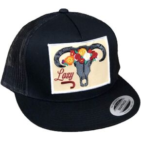 Ranch Wear Black Snapback Hat with 4" Skull and Flowers Patch Baseball Cap Bull Western Cowboy Theme.