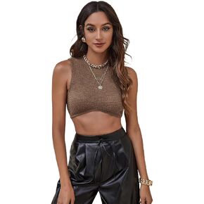 Floerns Women's Solid Waffle Knit Zipper Back Sleeveless Crop Tank Tops