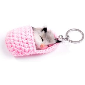 Cute Sleeping Cat Pompom Keychains for Women Girls Faux Rabbit Fur Key Ring Handbag or Car Key or Phone Charm Pendant (Pink)