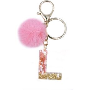 jtkdxqs Letter A-Z Keychain Crystal Pink with ball Pom pom Key Ring for Women Girls Backpack Handbags Cute Pendant