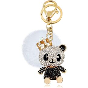 Uloveido Cute Panda Keyring Car Keychains for Girls Women with White Fluffy Ball