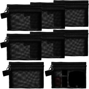 8 PCS Small Zipper Pouch Black Coin Purse Mini Mesh Pouches Cosmetic Bag Travel Portable Makeup Case Mesh Organizing Storage Bags with Keychain for Women