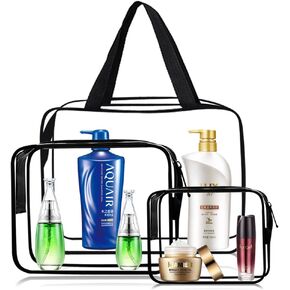 Cosmetic Bag 3 Pack Clear Travel Toiletry Bag Set with Zipper Make-up Pouch Handle Straps | Waterproof Packing Organizer Storage Diaper Pencil Bags (Black)