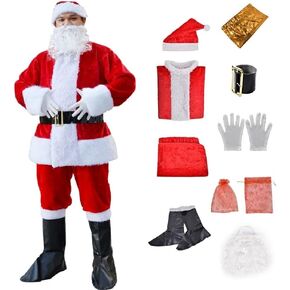 Nsddm Santa Claus Costumes Santa Suit With Beards Hat Boots Christmas Santa Outfit Set for Men Adults for Party Xmas Holiday