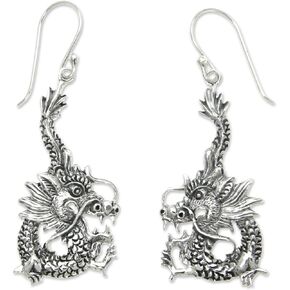 NOVICA Artisan Handmade .925 Sterling Silver Dangle Earrings Indonesia Animal Themed 'Dragon Splendor'