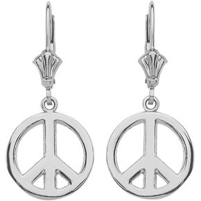 Leverback Peace Symbol Dangle Earrings in Polished Sterling Silver