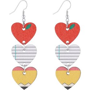 Double-sided Print Wooden Teacher Earrings for Women Cute Dangling Pencil Heart Rainbow Shaped Dangle Earrings Lightweight Back to School Graduation Earrings for Teachers Appreciation Gifts