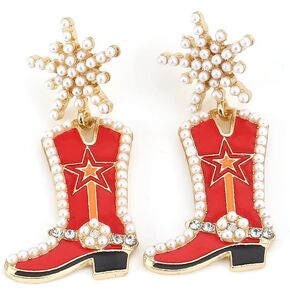 Handmade Western Cowgirl Beaded Cowboy Boot Drop Dangle Earrings Snowflower for Women Girls Wedding Party Fancy Dress Costume Christmas Jewelry