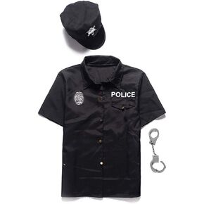 BooW Men's Short Sleeve Police Officer Shirt with Cap America Cop Role Play Halloween Costume Adult Security Guard Uniform