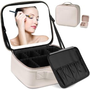 AZ GOGO Travel Makeup Bag with Lighted Mirror,Makeup Train Case with Light up Mirror 3 Color Brightness, Waterproof Portable Cosmetic Bag Organizer (Black)