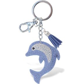 Dolphin Keychain - Blue Sparkling Rhinestones Charm with Tassel, Fashionable Stylish Polyester PU Sea Life Key Ring Bling Jewelry Accessory with Clasp