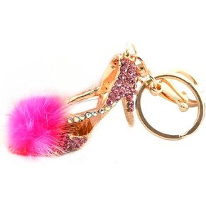 Feather High Heels Shoes Korean Bow Heels Keychain Keyring with cute fur ball For Car Key Purse Bag (Rose)