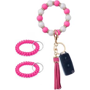 Silicone Key Ring Bracelet for Women,Keychain Wristlet,Key Chain ,Silicone Beaded Bangle Chains,Pink key Chain for Car Keys Women Tassel Keychain,Key Chains Women Wristlet Bracelet,,Key