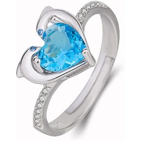 HUKQBUNX 925 Sterling Silver Women's Fashion Double Dolphin Heart-Shaped Diamond Ring Opening Creative Fashion Sapphire Blue Topaz Stone Dolphin Love Ring