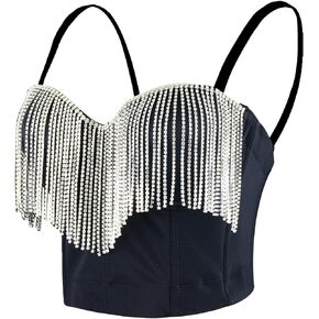 ELLACCI Women's Tassel Rhinestone Bustier Crop Top Corset Top Bra Black