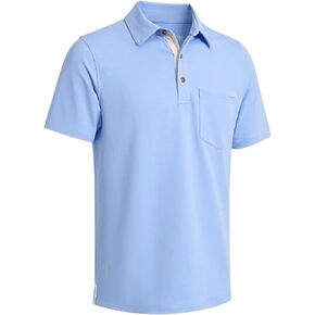 Mens Polo Shirts Short Sleeve Cotton Solid Polo Drop Cut Mens Casual Shirts with Pocket Sky Blue