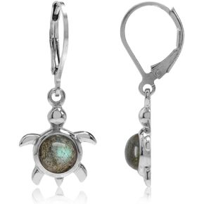 Silvershake Cabochon Gemstone White Gold Plated 925 Sterling Silver Stylish Turtle Dangle Leverback Earrings Jewelry