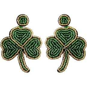 St. Patrick's Day Green Leaf Beaded Dangle Earrings Handmade Braid Irish Shamrock Shape Earrings for Women Girls Jewelry