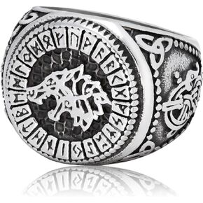 Gungneer Stainless Steel Runic Fenrir Wolf Ring Odin Norse Rune Circle Viking Jewelry for Men Women