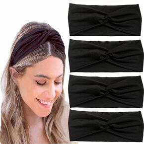 Hjiaruiky 4Pcs Turban Headbands for Women Boho Stretchy Fashion Headbands Fabric Twist Knotted Cloth Cute Thick Headband Head Wraps for Womens Girls Yoga Black