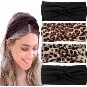 Hjiaruiky 4Pcs Turban Headbands for Women Boho Stretchy Fashion Headbands Fabric Twist Knotted Cloth Cute Thick Headband Head Wraps for Womens Girls Yoga Black in Kuwait