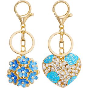 2pcs Flower Crystal Ball and Cute Heart Keychains Blue Rose Keychain Charm for Women