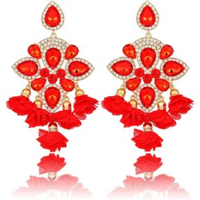 BOBOWINGS Large Crystal Earrings Flowers Tassel Handmade Geometric Rhinestones Statement Gold Drop Dangle Big Earrings Jewelry for Women Trendy