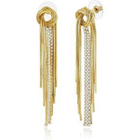Long Gold Tassel Dangle Earrings for Women Girls Cubic Zirconia Sleek Metal Chain Earrings Knot Linear Fringe Earrings Sexy Jewelry for Prom Party