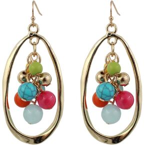 Aenu Big Hoop Beaded Earrings for Women Long Cluster Colorful Red Stone Drop Earrings Boho Western Jewelry Teardrop Statement Earrings Dangle for Gifts