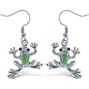Aqua79 Silver and Green Frog Dangle Earrings - Rhinestone Bohemian Dangle Earrings for Women and Teens, Zinc Alloy Fish Hook Earrings, Frog Animal Earrings - 1.5 Inches