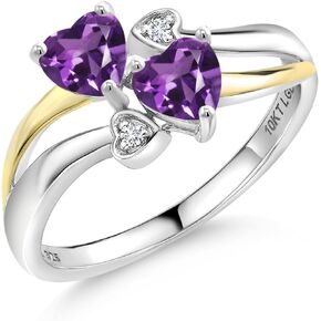 Gem Stone King 925 Silver and 10K Yellow Gold Purple Amethyst and White Lab Grown Diamond Ring For Women (0.86 Cttw, February Birthstone, Heart Shape 5MM, Available in Size 5,6,7,8,9)
