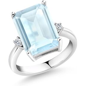 Gem Stone King 925 Sterling Silver Sky Blue Topaz and White Topaz Ring For Women (9.43 Cttw, Emerald Cut 14x10MM, Gemstone November Birthstone, Available In Size 5, 6, 7, 8, 9)