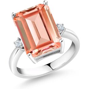 Gem Stone King 925 Sterling Silver Peach Nano Morganite and White Created Sapphire Ring For Women (6.38 Cttw, Emerald Cut 14x10MM, Gemstone October Birthstone, Available In Size 5, 6, 7, 8, 9)