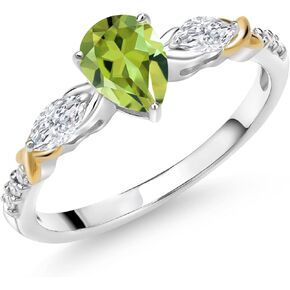 925 Silver 10K Yellow Gold Pear Shape Green Peridot White Moissanite and White Lab Grown Diamond Engagement Ring For Women (0.97 Cttw, Gemstone August Birthstone, Available in Size 5,6,7,8,9)