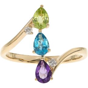 Gin & Grace 10K Yellow Gold Genuine Amethyst, Peridot and Swiss blue topaz Ring with diamonds for women