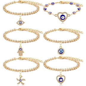 KOHOTA 6PCS Classic Evil Eye Bracelet for Women Girls Gold Chain Cubic Zircon Beaded Lucky Turkish Blue Eyes Charms Bracelets Set Evil Eye Jewelry